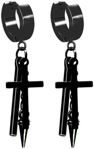 vien Stainless Steel Jesus Cross Tassel Urban Huggie Hinged Hoop Dangle Earrings Black For Mens & Womens Stainless Steel Huggie Earring Metal Huggie Earring