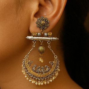 Ruma Luxe Oxidized Earrings Set for Women- Golden & Grey Wood Earring Set