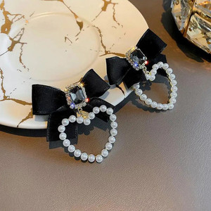 Fashion Frill Earrings For Women Heart Pearl Earring Black Bow Ribbon Earrings For Women Girls Cubic Zirconia Alloy Drops & Danglers