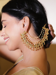 RUBANS Rubans 22K Gold-Plated Artificial Stones Studded & Beaded Temple Ear Chain Brass Ear Thread