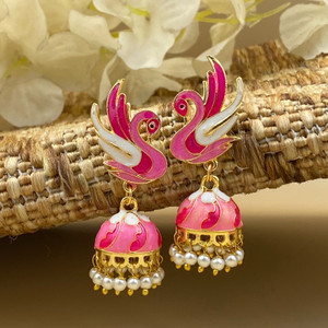 Fashion Theme Traditional Daily Wear Gold Plated Pearl Earring Pink Jhumki Crystal, Beads Brass Earring Set, Drops & Danglers