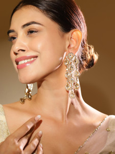 RUBANS Rubans 22K Gold Plated White Cubic Zirconia Studded Cascading Chandelier Earring Cubic Zirconia Brass Chandbali Earring