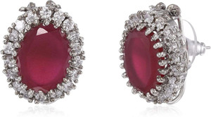 Estele Rhodium Plated American Diamond CZ Ruby Halo Stud Earrings Brass Stud Earring