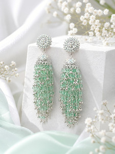 Simaura Mint Green Crystal Tassel Drop Earrings for Women | Long Beaded earring Alloy Drops & Danglers