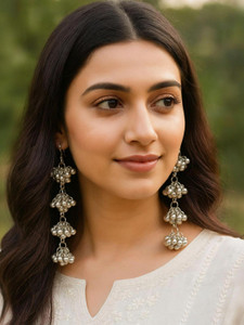 JEWELMORA JewelmoraTraditional Oxidised Silver Ghoonghru German Silver Jhumki Earring
