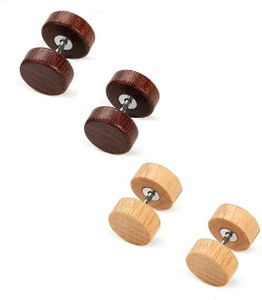HOUSEOFTRENDZZ Natural Wood Screw Studs Earrings for Men Women Fake Gauges Illusion Ear Piercing Ear Plugs Tunnel (PACK OF 2 PAIRS) BROWN/YELLOW WOODEN Wood Stud Earring