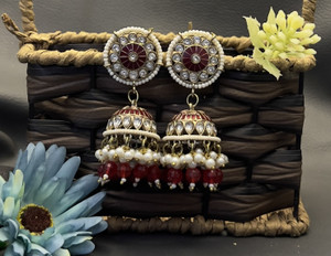 Fashion Theme Kundan Jhumka Women Earring Red Earrings Crystal, Pearl Brass Earring Set