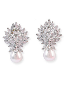 Zoey White Rhodium-Plated American Diamond Drop Earrings Cubic Zirconia Brass Stud Earring, Drops & Danglers