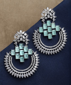 ZENEME American Diamond Studded Rhodium-Plated Chandbalis Earrings Cubic Zirconia Brass Chandbali Earring