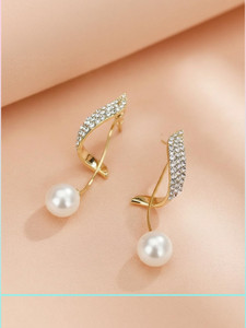 Vembley Korean Studded Wing Pearl Tassel Drop Earrings For Women/Girls Cubic Zirconia Alloy Earring Set