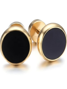 Ruhi Collection Trendy Gold Plated Round Black Stone Stud Earrings for Men Stainless Steel Plug Earring