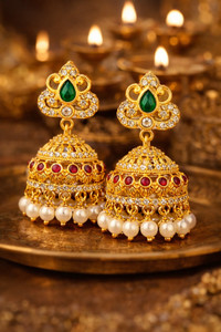 PRAAVINYA Ruby Royal Jhumka White Zircon, Ruby, Pearl Brass Jhumki Earring