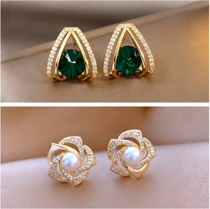 Tiso Pack of 2 Statement Studs Emerald & Pearl Stone Earrings for Girls and Women Crystal, Cubic Zirconia, Pearl Alloy, Brass, Stone Drops & Danglers, Earring Set, Hoop Earring, Rhinestone Studs, Stud Earring