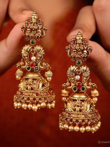 Lucentarts Jewellery TRADITIONAL SOUTH INDIAN TEMPLE BRASS, GOLD PLATED AND CRYSTAL JHUMKI EARRINGS Cubic Zirconia Alloy Jhumki Earring