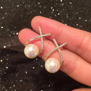 AVR JEWELS Korean Studded Cross Pearl Stud Earrings 2 Pcs/Set For Women And Girls Alloy Stud Earring, Drops & Danglers