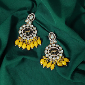 RENSA JEWELS Kundan Jhumka Earrings for Women & Girls Gold Plated Yellow Beads, Party Wear Pearl Alloy Drops & Danglers