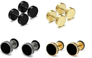 Crazy Fashion Combo of Black Stainless Steel Gold & Silver Stud Earring & Black & Gold Dumbell Earrings ( 4 Pairs) for Men/Boys/Girls/Women/Unisex Stainless Steel Stud Earring
