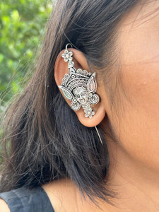 SUZEN Oxidised Silver Maa Durga Face Bugadi Ear Cuff For Girls & Women German Silver Cuff Earring