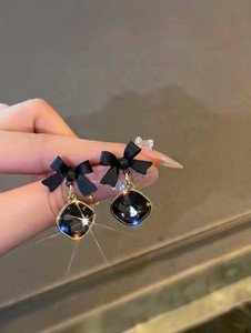 GloAww Black Bow Crystal Cute Korean earrings for women & Girl's Alloy Stud Earring