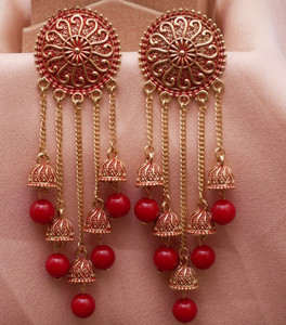 RAJ JEWELLERY Traditional Ethnic Antique Red Color Oxidized Chain Jhumka Jhumki for Girls Alloy Jhumki Earring