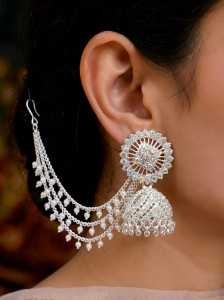 LOVESTONE White Gold Jhumka for women Wedding Earrings with Chain Bahubali Jhumki Earrings Diamond Brass Jhumki Earring