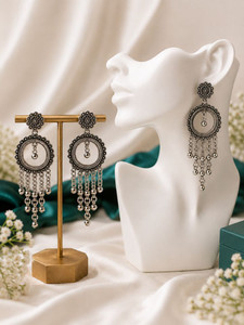 jivaas collection Oxidised Silver Circular Dangle Boho Tassel Long Chandbali Earrings Beads Brass Stud Earring