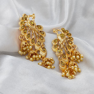Saizen "Regal Peacock Design Gold-Plated Jhumka Earrings with Intricate Detailing" Brass Drops & Danglers