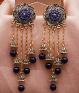 RAJ JEWELLERY Wedding Ethnic Long and Layered Blue color Oxidised Chain Earrings for Women Diamond Alloy Jhumki Earring, Drops & Danglers, Chandbali Earring