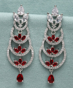 ZENEME Silver Tone Red & White American Diamond studded Crescent Shaped Drop Earrings Cubic Zirconia Brass Drops & Danglers