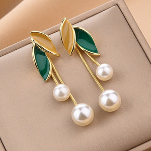 BlueShine Korean Earring Green leaf Pearl Drop & Dangler For women Girls light weight Pearl Alloy Drops & Danglers