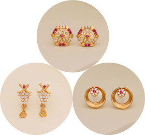 Tiso Pack of 3 Stud Diamond Alloy, Brass, Stone Drops & Danglers, Earring Set, Hoop Earring, Rhinestone Studs, Stud Earring