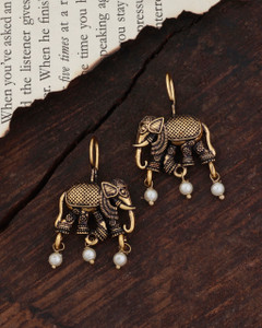 शोना'एस स्टाइल Antique Gold Elephant Drop Earrings with Pearl Beads Brass Drops & Danglers
