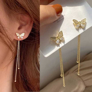 मिरकलवुड Korean Studded Butterfly Chain Ear Cuff Earrings For Women And Girls 2 Pcs/Set Cubic Zirconia, Diamond Alloy Drops & Danglers, Hoop Earring, Huggie Earring, Tassel Earring, Tassel Earring