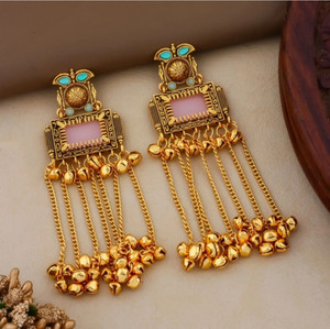 MM Immitation Traditional Gold-Plated Kashmiri Long Drop Earrings with & Ghungroo Chains Cubic Zirconia Brass, Copper Jhumki Earring
