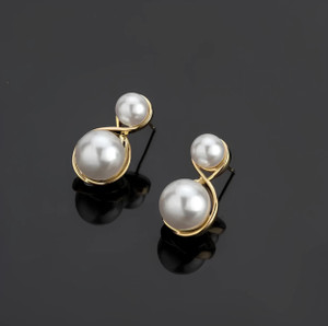 Karishma Kreations Gold Plated White Double Pearl Earrings For Women Alloy Drops & Danglers