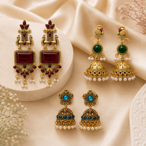 Vastaraj Antique Gold Designer Earrings Combo Set (Pack of 3) Beads Alloy Jhumki Earring, Drops & Danglers