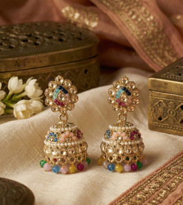 Pralekh Traditional Golden Jhumka Earrings with Multicolor Stone for Women and Girls Zircon Alloy Jhumki Earring