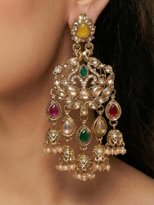 Meira Jewellery Multi Colored Designer Premium Kundan Studded Gold Plated Heavy Earring Alloy Drops & Danglers