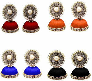 Tia Crafts Handmade Silk Thread Jhumki Earrings for Women Combo of 4 Earrings Fabric Jhumki Earring