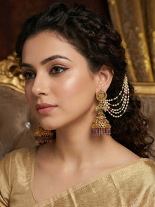 Meira Jewellery Temple Motif 5 Layered Multi Beads Ear Chain with jhumki Alloy Jhumki Earring