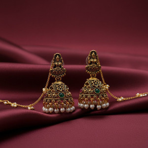 Rumee Traditional Gold Plated Jhumka Earrings with Pearl Kaan Chain for Women Pearl Alloy Jhumki Earring