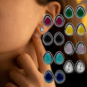 THANU'S CRAFT Silver Oxidized Multicolor Monalisa Stone Teardrops Stud Ear Earrings. Crystal Metal Stud Earring