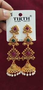 DANGAR ENTERPRISE Traditional Antique Gold Jhumka Earrings with Triple Stone Motifs & Pearl Drops Alloy Jhumki Earring