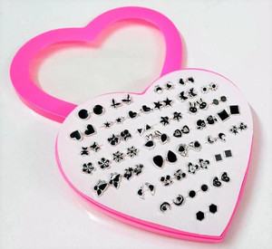 DIVINE 36 Pair Black Design Earrings with Heart Box for Girls, Women and Ladies (1 Box) Plastic Stud Earring