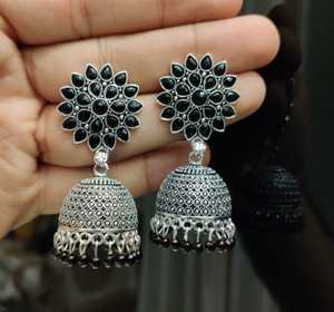 TANLOOMS Silver Sunflower Jhumka earrings for Girls and Women. (Black Color) Brass Jhumki Earring