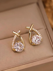 Karishma Kreations Gold Plated Korean Fashion CrystalStone Cross Pearl Zircon Stud Earrings Alloy Stud Earring