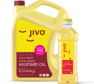 JIVO Kachi Ghani Mustard Oil 5L with Sunflower Oil 1L (Pack of 6L) Mustard Oil Can