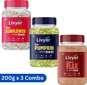LIVYOR Raw Pumpkin Sunflower Flax Seeds for Eating | Weight loss | (3x200g) Combo Pack Pumpkin Seeds, Sunflower Seeds, Brown Flax Seeds