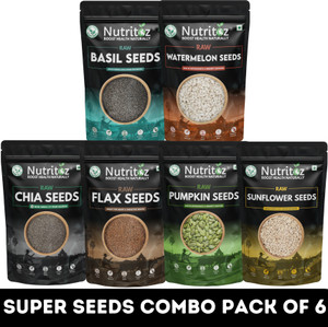 Nutritoz Raw Mix Super Seeds Combo Pack Of 6 for Weight Loss with Omega 3 (50G EACH) | Chia Seeds, Brown Flax Seeds, Pumpkin Seeds, Sunflower Seeds, Basil Seeds, Watermelon Seeds