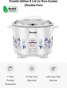 Preethi Glitter E 1.8 Ltr (Double Pan) Rice Cooker, Egg Boiler, Egg Cooker, Food Steamer, Electric Pressure Cooker, Travel Cooker